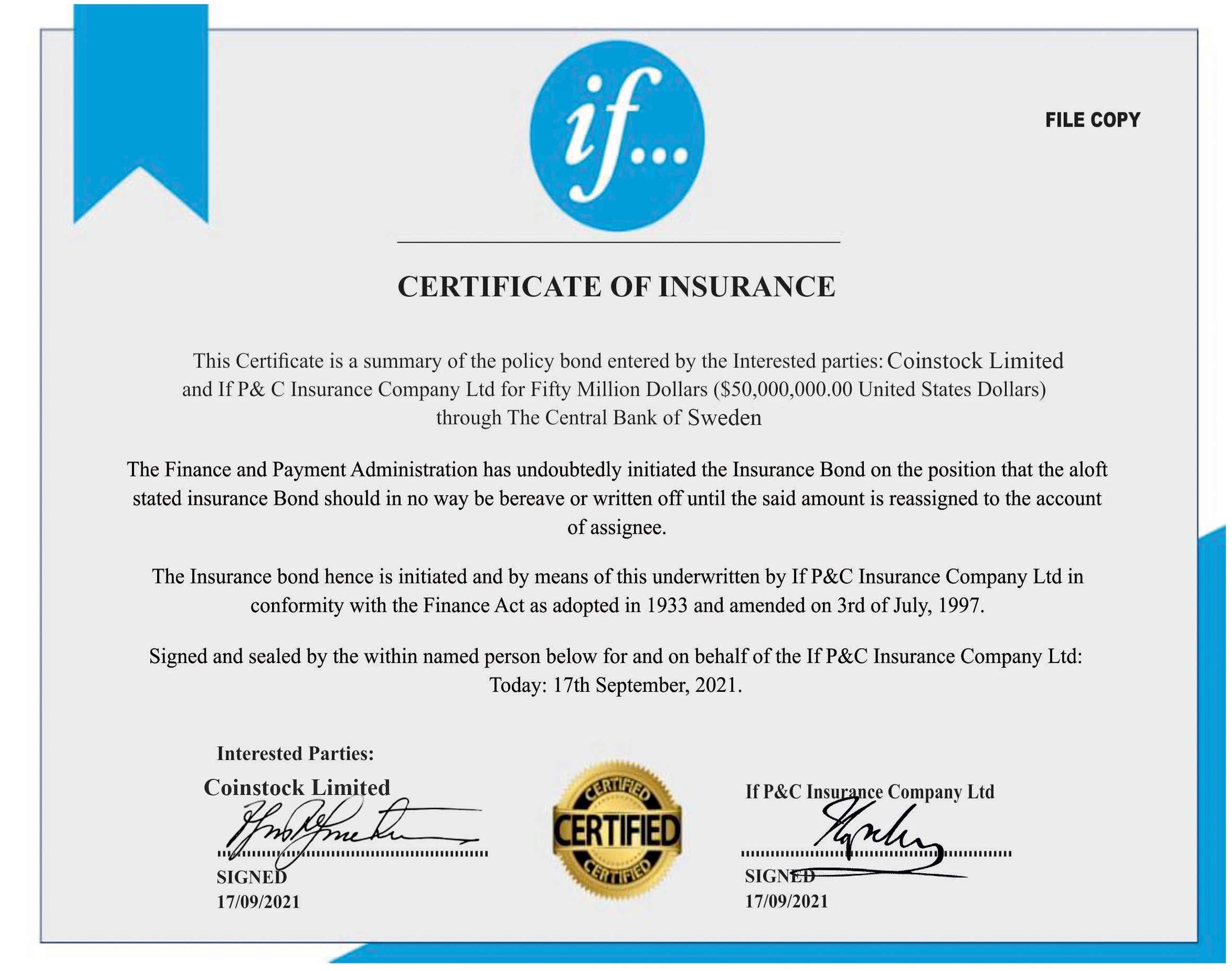 Certificate of Coinstock Limited